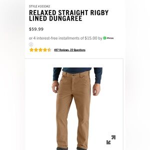 Carhartt RELAXED STRAIGHT RIGBY LINED DUNGAREE 40x30 NWOT